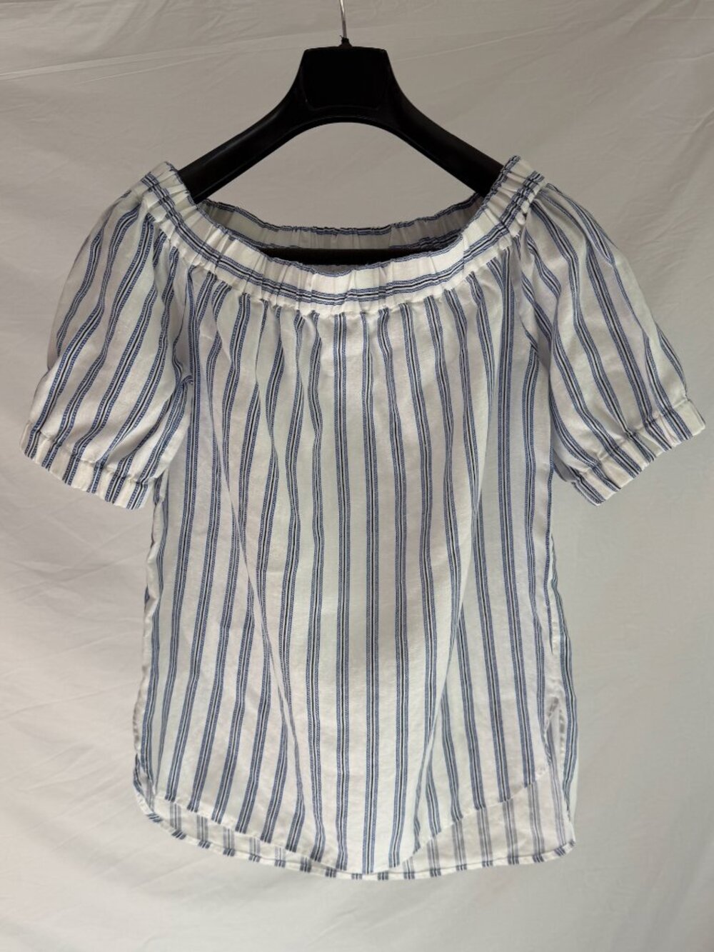 MICHAEL KORS Blue & White Striped Linen Puff Sleeve Off-the-Shoulder Top Size S